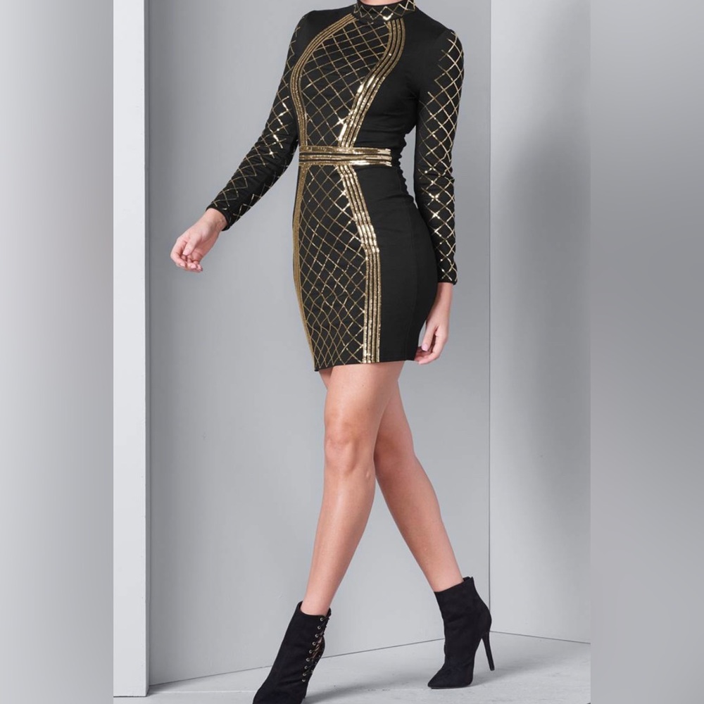 Mock-neck mini dress Black and Gold